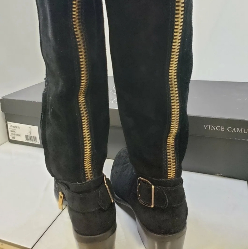 Vince Camuto equestrian Black suede knee high Riding Boots Shoes gold buckle - Picture 5 of 7